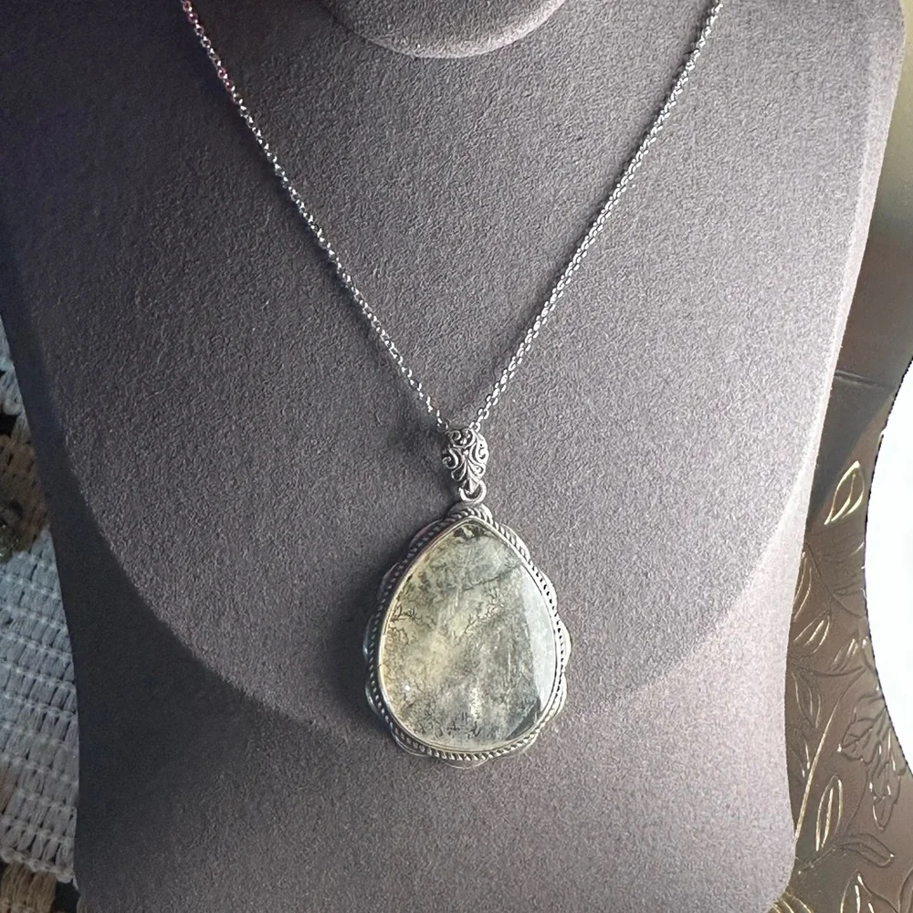 Dendritic Agate Teardrop Pendant in Silver 925 Setting on Silver 925 Chain - Picture 9 of 16